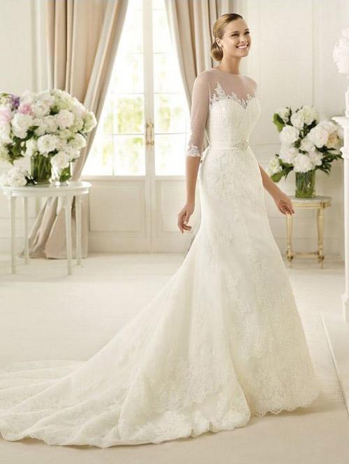 Scoop Fabuleux A-Line Slim 34-Length manches longues chapelle train dentelle robe de mariée